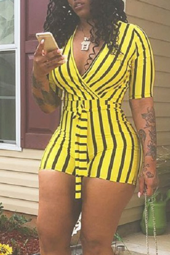 Yellow Casual Striped Twilled Satin One-piece Rompers