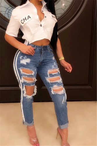 Blue Denim Zipper Fly Sleeveless Mid Hole Solid washing Patchwork Straight Pants Pants