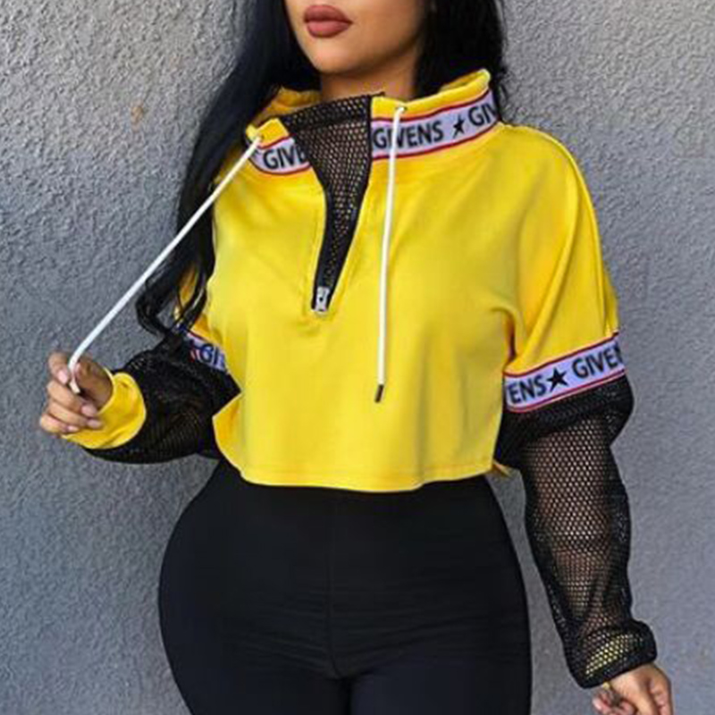 

Yellow Casual Long Sleeves Net Yarn Splicing Hoodies