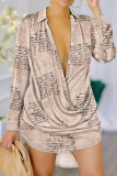 Khaki Casual Print Patchwork Buckle Turndown Collar Straight Dresses