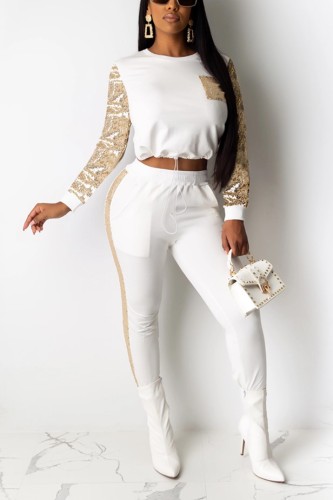 White knit Sexy Patchwork Two Piece Suits Solid Straight Long Sleeve 