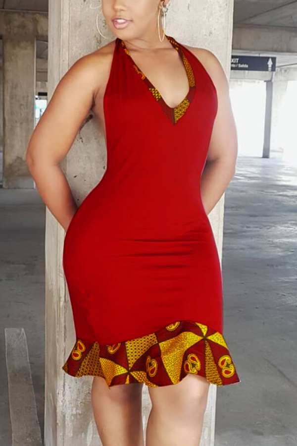 Red Fashion Sexy Tank Sleeveless O neck A-Line skirt Patchwork Print Club Dresses