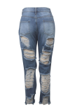 Blue Denim Button Fly Sleeveless High Hole Patchwork washing Solid Old Straight Pants Pants