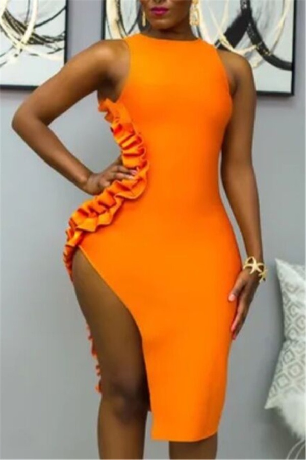 Orange Sexy Tank Sleeveless O neck Asymmetrical skirt Patchwork Solid asymmetrical stringy selved