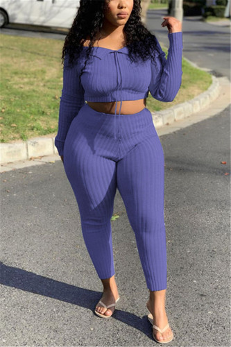 purple Sexy ruffle Two Piece Suits Solid pencil Long Sleeve Two-piece Pants Set