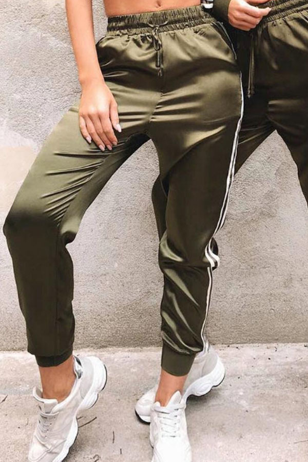 Army Green Casual Striped Loose Pants