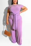 Light Purple Fashion adult Sexy O Neck Solid Two Piece Suits Bandage