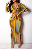 Multicolor Sexy Hollow Out Striped Print Dress