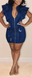 Blue Sexy Fashion Tank Sleeveless Turndown Collar Step Skirt Mini chain Patchwork ruffle Club Dresses