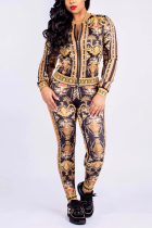 multicolor Fashion Sexy adult Print Two Piece Suits Patchwork Straight Long Sleeve Two-piece Pants S