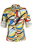 Khaki Fashion Casual Print Patchwork Buckle Turndown Collar Tops