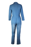 Blue Euramerican Turndown Collar Denim One-piece Jumpsuits