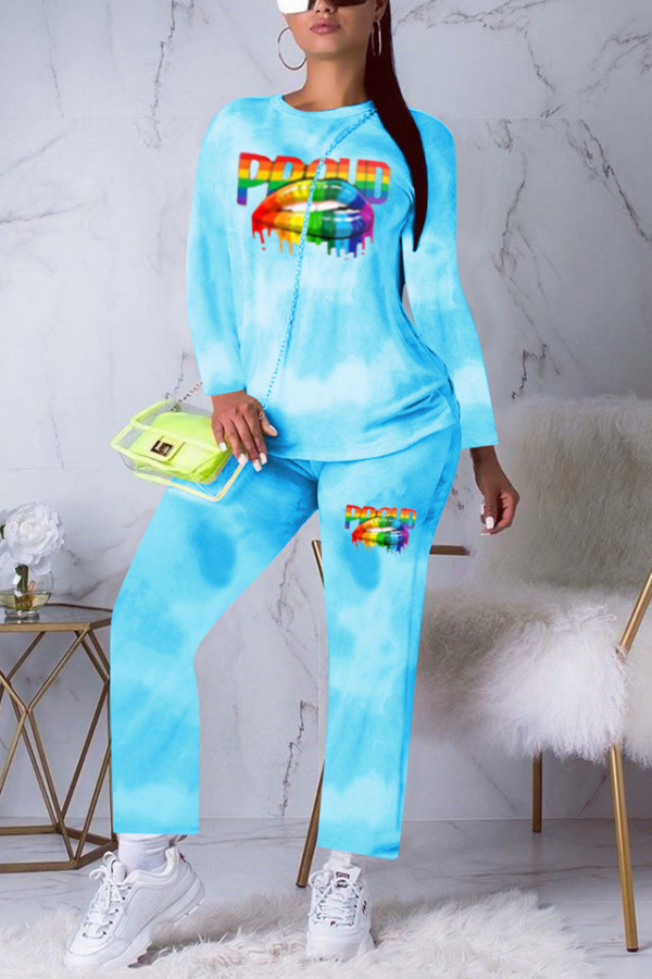 Blue Active Print Straight Long Sleeve Two-piece Pants Set