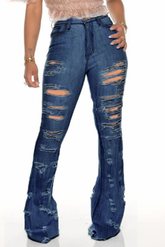 Dark Blue Fashion Broken Hole Denim Trousers