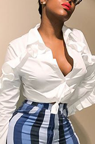 White Fashion Casual Loose Ruffles Sleeve Solid Tops
