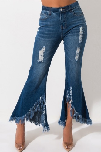 Light Blue Fashion Wild Hole Horn Wide Leg Pants