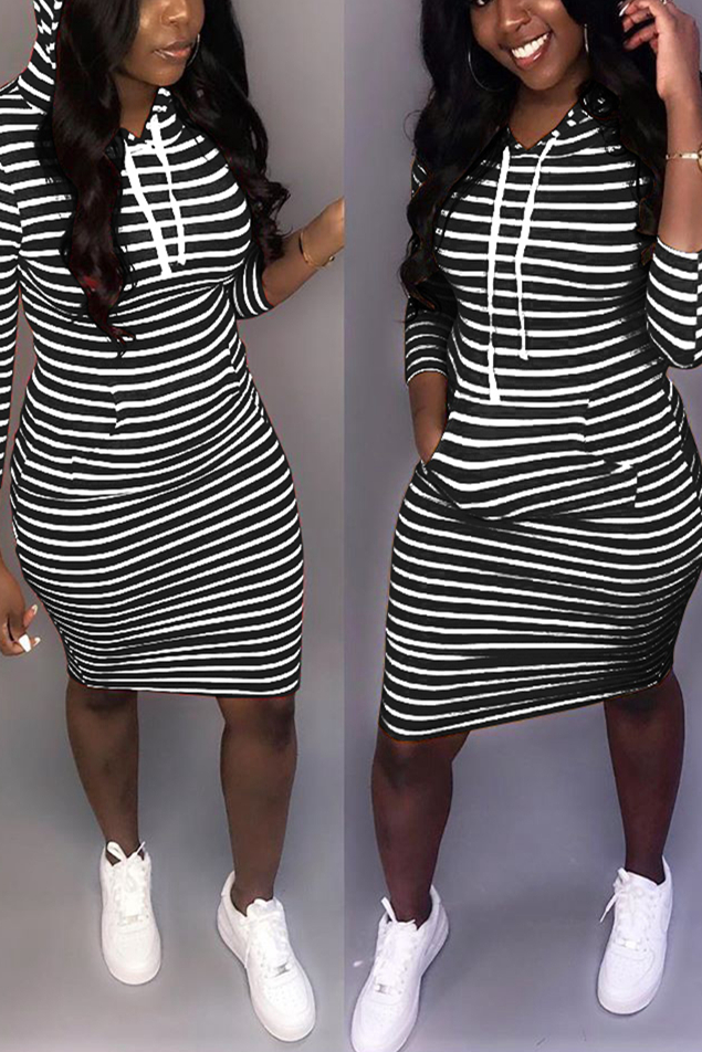 

Black Fashion adult Casual Cap Sleeve 3/4 Length Sleeves O neck A-Line Knee-Length Striped Print