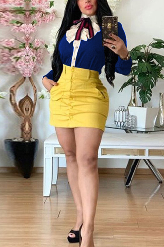 Royal blue Turndown Collar Long Sleeve Solid bow-knot Patchwork Slim fit Blouses & Shirts