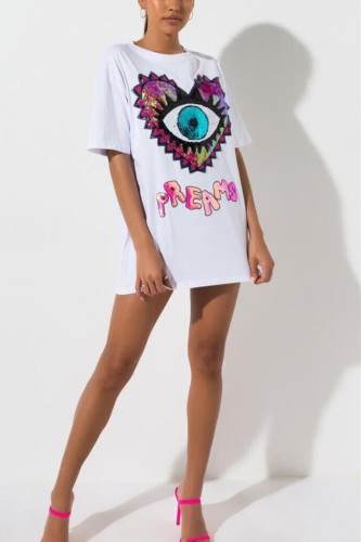 White Fashion Casual Cap Sleeve Short Sleeves O neck Slim Dress Mini Character eye asymmetrical