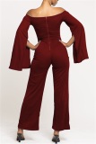Red Fashion Solid Color Long Sleeve Umbilical One-Shoulder Jumpsuit