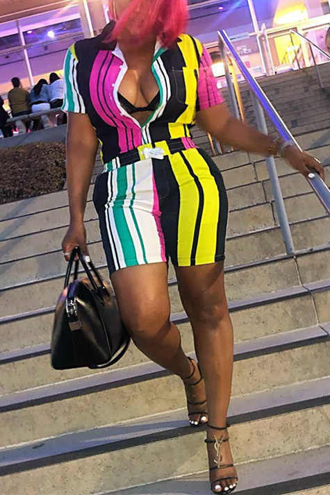 Color Sexy Striped Short Sleeve Two-piece Suit