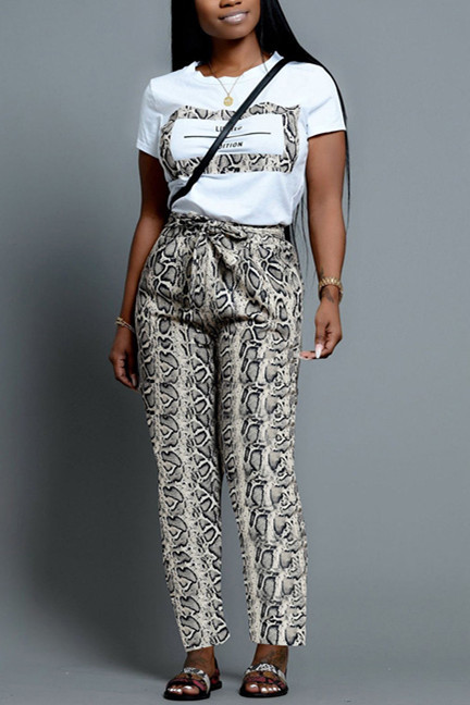 Grey Casual Print Straight Short Sleeve Two-piece Pants Set