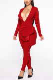 Red Sexy asymmetrical Solid Two Piece Suits ruffle Patchwork pencil Long Sleeve Two-piece Pan