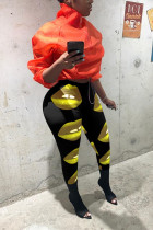 Yellow Elastic Fly Mid Patchwork Print pencil Pants Pants