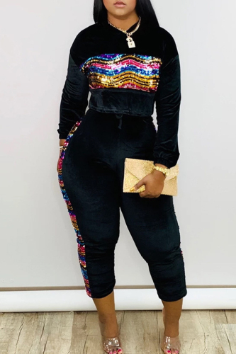 Black OL Fashion adult Solid Two Piece Suits Patchwork Sequin pencil Long Sleeve Two-piece Pant