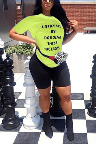 Fluorescent Color Casual Round Neck Short Sleeve Two-piece