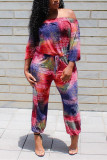 Red Sexy Casual Fashion Tie-dyed Print one word collar 