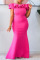 Rose Red Elegant Solid Patchwork Flounce Off the Shoulder Evening Dress Dresses