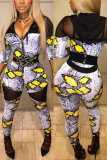 Yellow Sexy Mesh Print zipper Patchwork Long Sleeve Hooded Jumpsuits