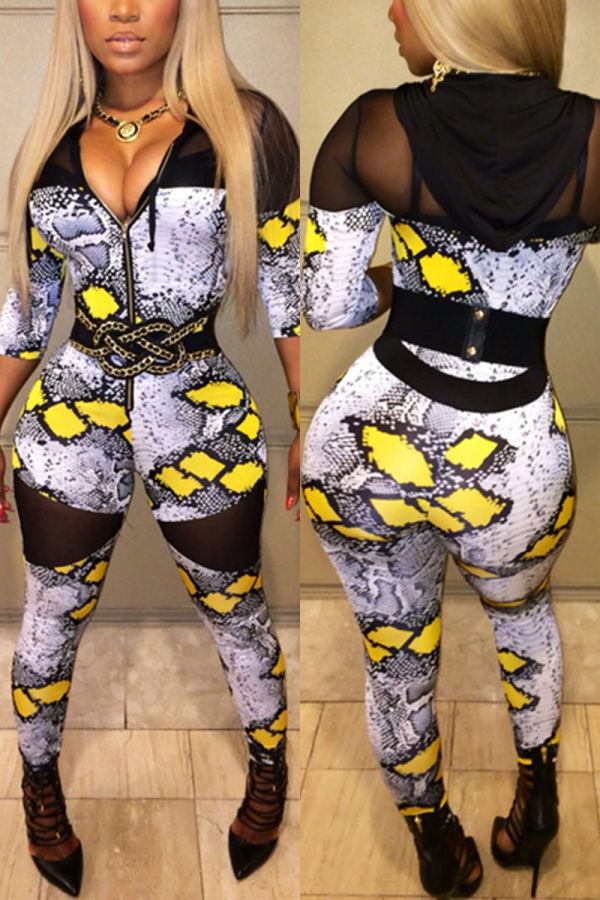 Yellow Sexy Mesh Print zipper Patchwork Long Sleeve Hooded Jumpsuits