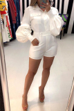 White Work zipper Button Solid Long Sleeve Turndown Collar Rompers