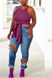 purple O Neck Sleeveless Patchwork asymmetrical Solid Tees & T-shirts