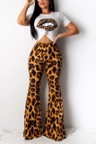 Rose Red Fashion Sexy Leopard Print Lip Two-Piece Suit