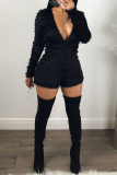 Black Long Sleeve Solid Straight shorts Rompers