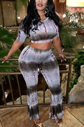 Grey Sexy Fashion Patchwork Print Tie Dye Boot Cut Short Sleeve Two-piece Pants Set