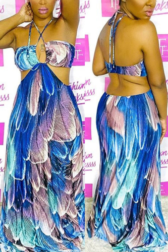 Blue Sexy Printed Strapless Long Dress