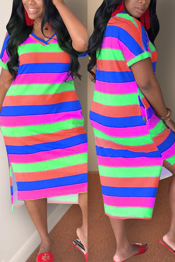 

purple Casual Fashion Cap Sleeve Short Sleeves V Neck Sheath Mid-Calf split Striped Rainbow asymm