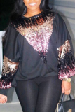 Black O Neck Long Sleeve Print Patchwork Sequin