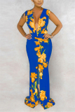 Blue Sexy Fashion Print Sleeveless Long Dress