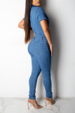 Light Blue Fashion Casual Short Sleeved Jumpsuit