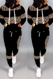 Black Fashion Patchwork Hooded Long Sleeve Leopard Two-Piece Suit