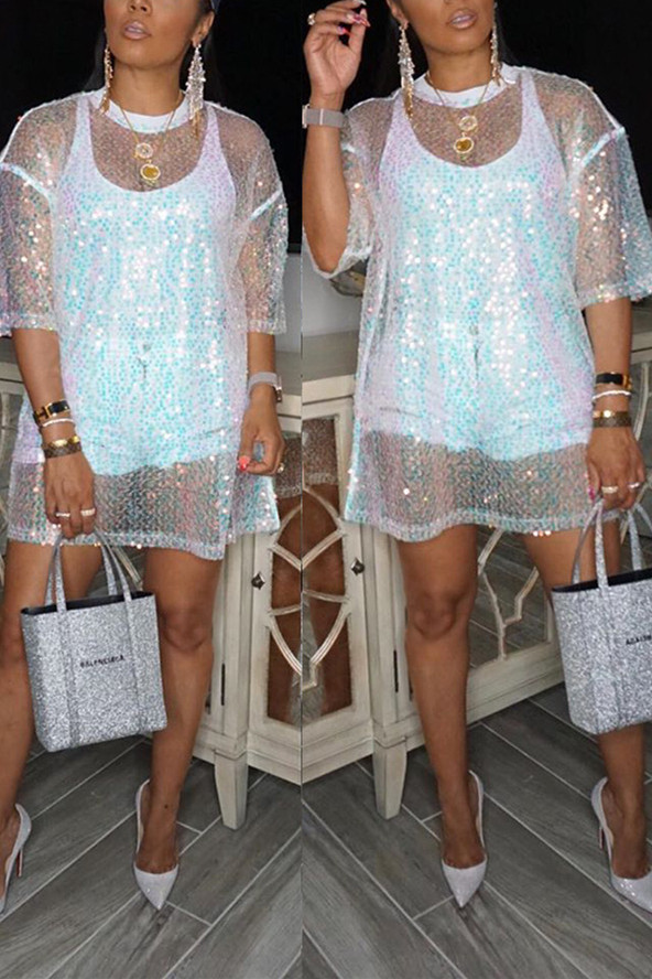 White O Neck Half Sleeve lace Sequin Mesh Blouses & Shirts