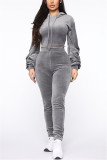 Grey Fashion Sexy Solid Color Hooded Long Sleeve Two Piece Set