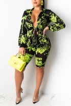 Green Sexy Print Long Sleeve Two-Piece Suit