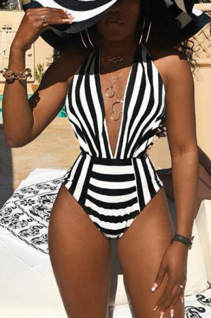 Black Fashion Striped Printed Bikini Swimwear