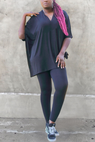 Black Casual V-Neck Solid Color Large Size Two-Piece Suit